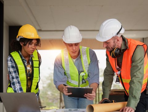 Architect team working with blueprints for architectural plan, engineer sketching a construction project